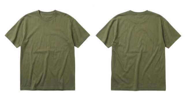 Two olive green blank t-shirts front view isolated on transparent background