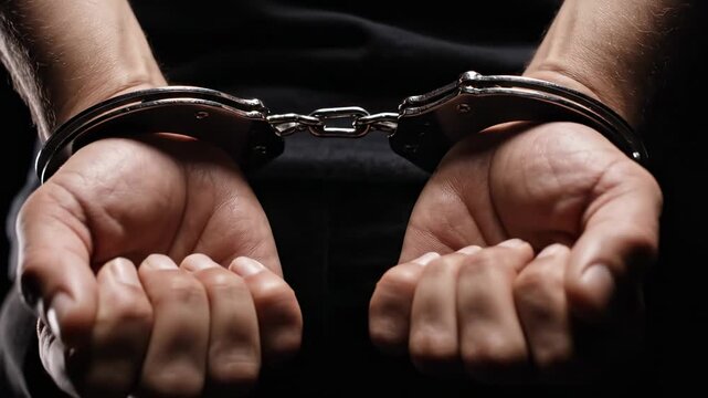This captures a close-up of a person's hands cuffed in handcuffs against a dark background emphasizing crime and justice themes.