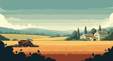 Agricultural landscape with tractor harvesting crops, sustainable homes with solar panels © Pixelaraf