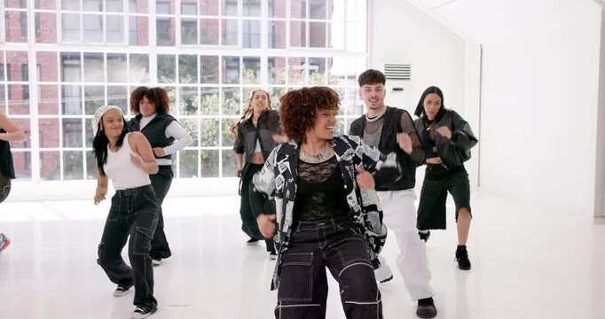 Applause, dance and hip hop with people in studio for choreography, rehearsal or training together. Art, creative and music with group of friends in class for learning, lesson or practice routine