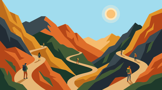 Scenic Mountain Hiking Trail in Isometric View for Adventure Enthusiasts