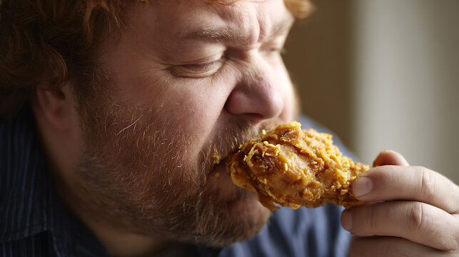 Close-up of a red-haired man with a beard savoring a deep-fried food item, eyes closed in pleasure, enjoying his meal intensely and heartily