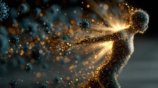 Immune System Defense: An artistic portrayal of the body's natural defenses, depicted as a glowing figure repelling invading pathogens, symbolizes resilience and health.