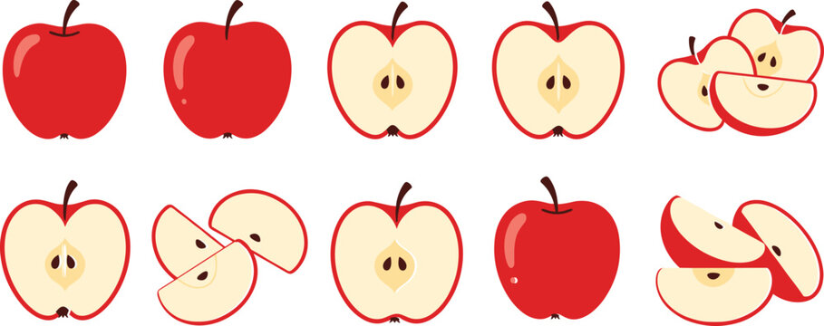 Set of Fresh Red Apple Vector Illustrations Featuring Whole Fruit, Half Slices with Seeds, and Wedges Isolated on White for Healthy Food Branding