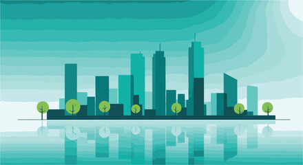 Fototapeta premium Minimalist modern city skyline with green trees and water reflection