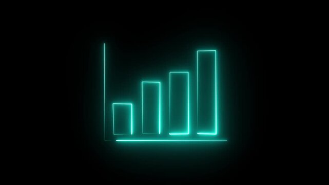 A neon green bar graph icon showing increasing data trends and growth, isolated on a transparent background with a glowing effect representing success and finance.