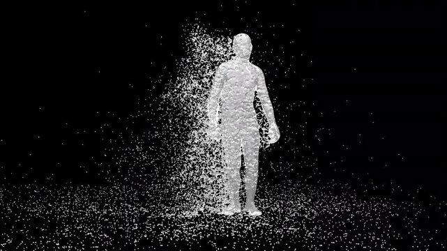A 3D animated character performs a sword dance with dynamic water splash effects. The clip ends with an alpha matte, making it suitable for creative projects, entertainment, or digital media use.