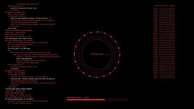 Computer screen displaying lines of code and binary data with a circular loading animation and system breach notification