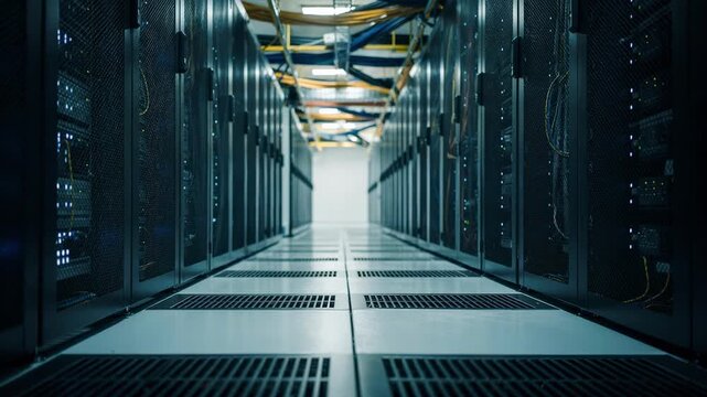 Cold aisle perspective in a commercial data center aisle emphasizing chilled airflow vents organized cabling and softly glowing server lights in the distance.