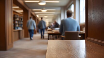 Obraz premium Softly blurred interior of a library with people studying and walking