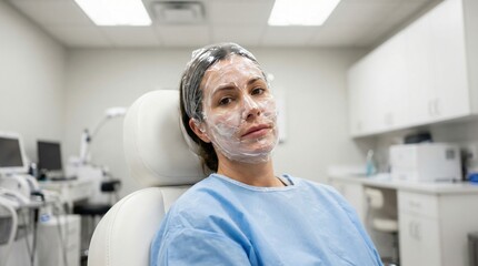 Obraz premium Woman sits in clinic chair with plastic wrap over her face for numbing. Skincare preparation and dermatology context. Ideal for beauty and medical topics.
