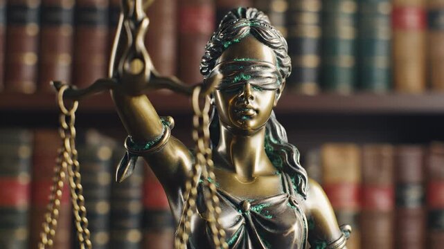 This features a close-up shot of a statue of justice in a law library. The statue is made of bronze and features a blindfolded woman holding the scales of justice. The background is a blurred