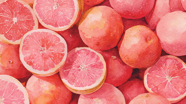 Hand-painted watercolor illustration of pink grapefruits in full frame composition, dense overlapping fruits with soft pink citrus flesh and juicy texture, ideal for food background.