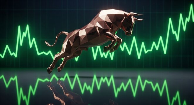 Bronze low poly bull jumps powerfully in front of a glowing green stock market chart reflecting upwards trend with financial data