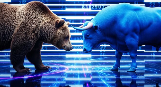 Brown bear and blue bull facing each other in a digital stock market concept illustration with glowing blue neon lines and numbers