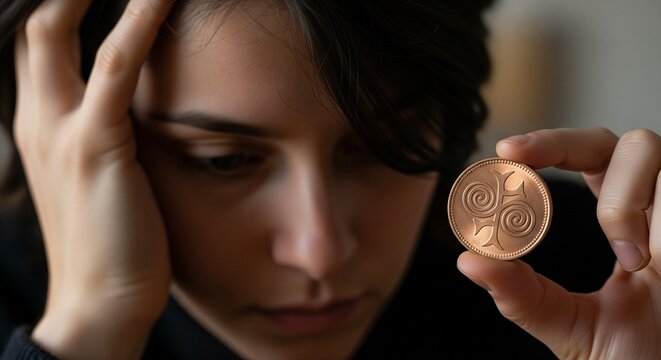 Anxious young woman contemplates a bronze triskele coin hand to head in worried thought studio shot with soft lighting