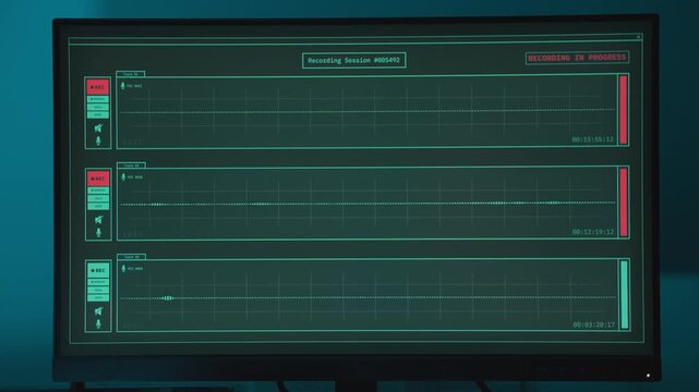 Computer screen with wiretapping sound recording software capturing conversation. Secret operation eavesdropping on criminal activity by police or spy agency investigation. Surveillance application