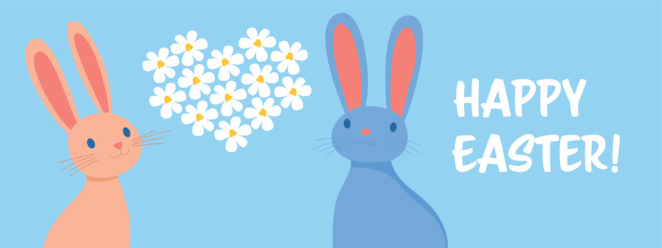 Bunny blue banner happy Easter wallpaper rabbit cute animal pink love heart poster flyer spring holiday celebration seasonal design template copy space	