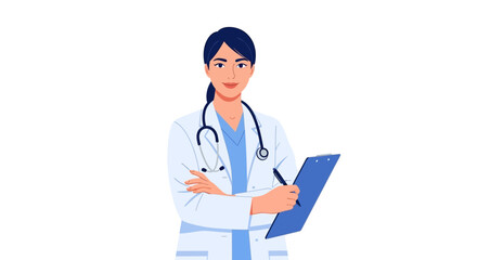 Fototapeta premium Confident Female Doctor Illustration with Stethoscope & Clipboard. Smiling Healthcare Professional Vector