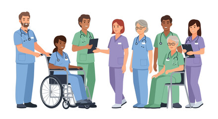 Fototapeta premium Diverse Healthcare Team Illustration: Nurses, Doctors, and Caregivers Providing Patient Support and Medical Assistance