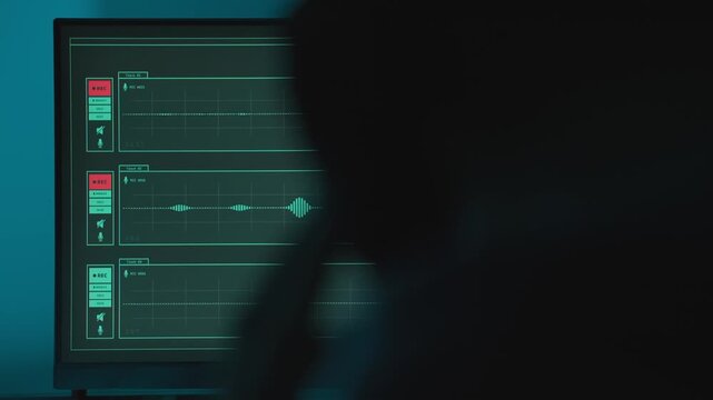 Mysterious man in dark room looking at screen listens to audio recording. Computer with sound recording software as agent spy or hacker with headphones capture remote conversation wiretapping op