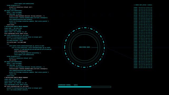 A motion graphic display of hacking activity with code and data on a black background