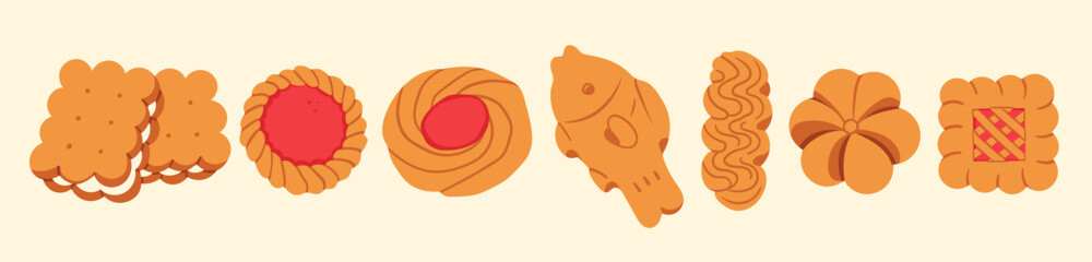 Various tasty crispy Cookies. Different biscuits, shortbread cookies. Bakery, dessert, sweets concept. Hand drawn trendy Vector illustration. Isolated design elements. logo, print, sticker template 