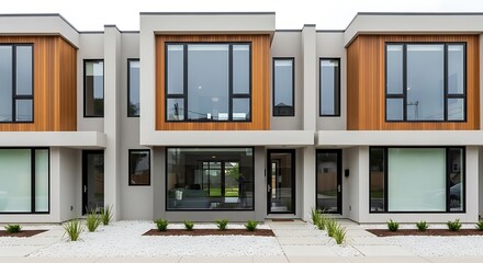Obraz premium A row of contemporary townhouses features striking wood and concrete facades.