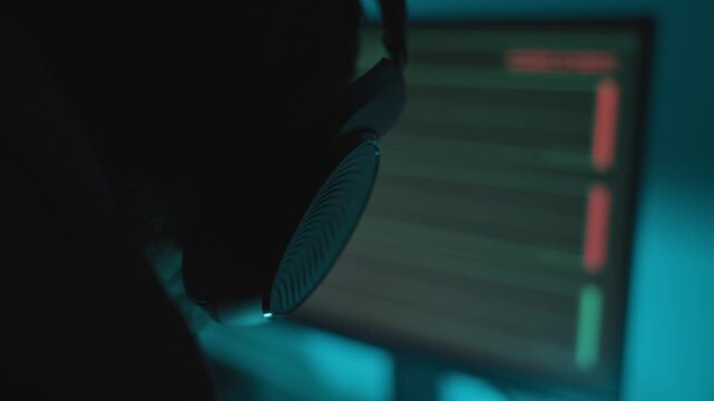 Close up on person wearing headphone next to audio recording computer device. Dark studio or control room in surveillance operation. Wiretapping and listening to illegal activity shady conversation