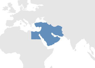 Fototapeta premium Blue map of the Middle East in the center of a part of the world map with Europe, Africa and Asia. Flat vector illustration