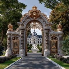 Obraz premium Elegant royal palace gate surrounded by garden landscape high resolution picture