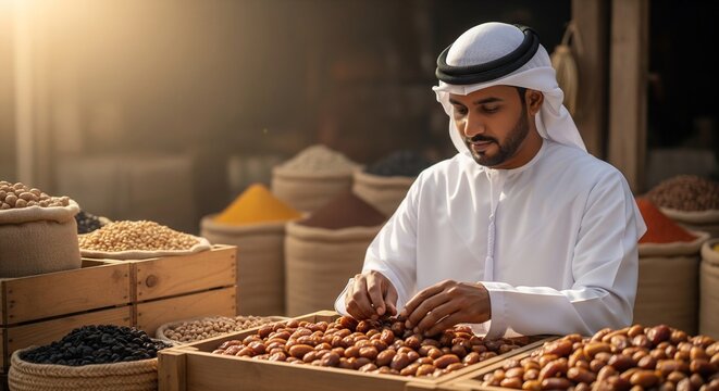 Middle Eastern man arranging fresh dates at a traditional market stall. Authentic souk vendor with spices and dried goods under warm light.