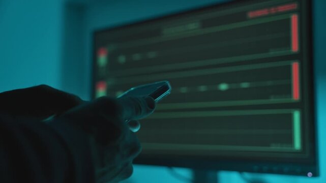Close up on hand typing on smartphone next to computer recording audio. Dark room as man holding phone while conversation is captured on sound recording equipment device in control room or studio