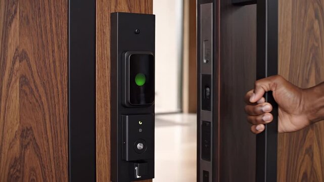 Close-up of a person using a biometric smart door lock on a wooden front door with fingerprint touch activation and glowing indicator, modern home entry and security footage for smart home product dem