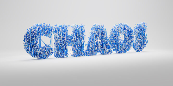 Chaos concept - the letters CHAOS composed of interwoven blue and white threads symbolizing chaos and restlessness. Gray seamless background