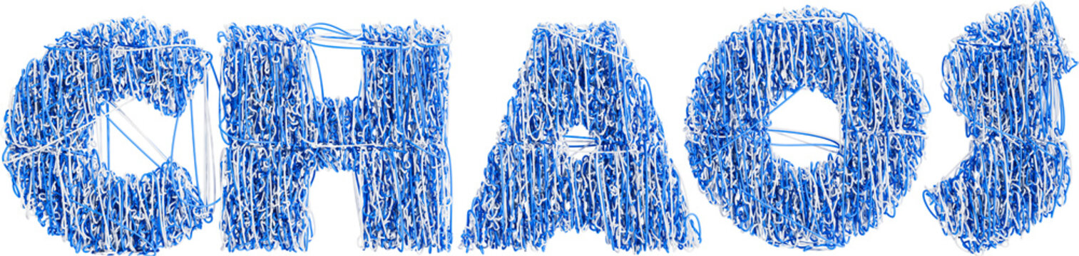 Chaos concept - the letters CHAOS composed of interwoven blue and white threads symbolizing chaos and restlessness. Transparent background