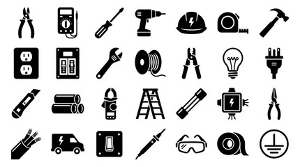 Fototapeta premium Collection of electrical tools and equipment icons representing repair maintenance and construction services with safety gear and power supplies