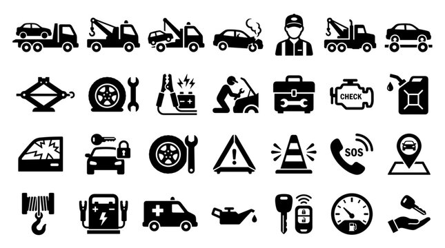 Collection of car service and roadside assistance icons representing towing repair emergency help and vehicle maintenance symbols