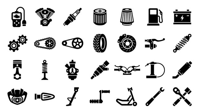 Collection of motorcycle and automotive spare parts and tools icons for repair and maintenance services