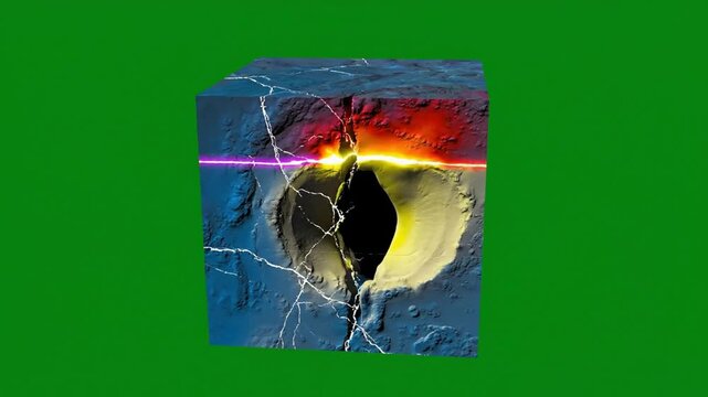3d geological cube model showing underground rock strata and seismic fault lines on green screen background for science