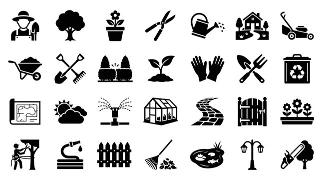 Collection of gardening icons representing tools plants and outdoor activities for landscaping and home improvement projects