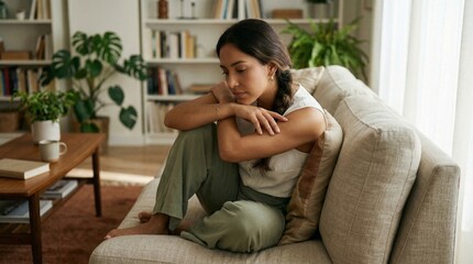 Fototapeta premium Pensive young woman sitting on sofa in cozy living room, deep in thought and introspection, melancholy