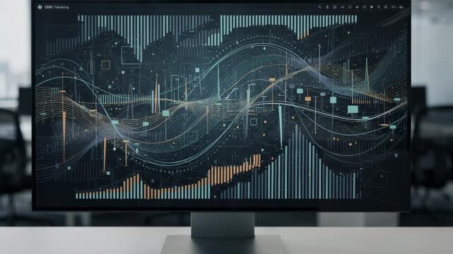 Focused medium shot of a wholesale banking dashboard showing intricate CBDC transaction data with ambient office elements softly out of focus behind.