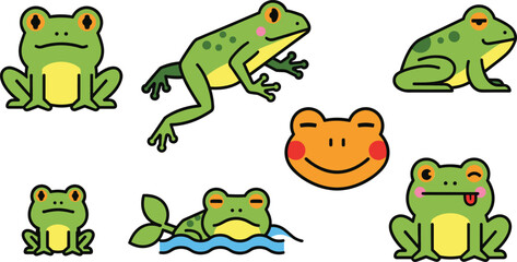 Fototapeta premium Cute Frog Cartoon Vector Set Featuring Different Poses, Expressions and Smiling Face Icon for Kids Design, Nature Themes and Animal Illustrations