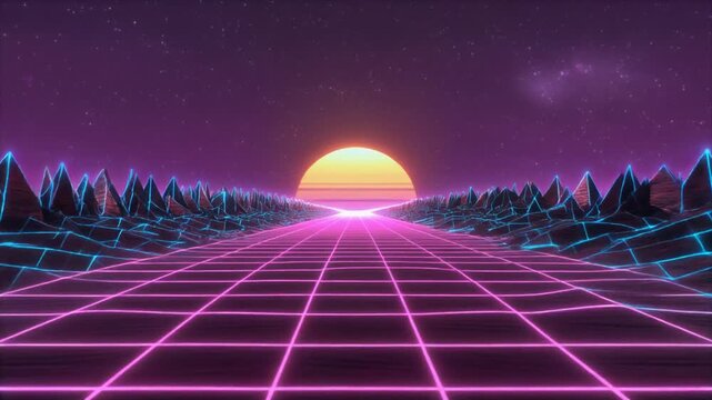 Loop Animation Retro Futuristic Synthwave Neon Grid Sunset Landscape With Mountains, Starry Sky, and Road. Ai Generative