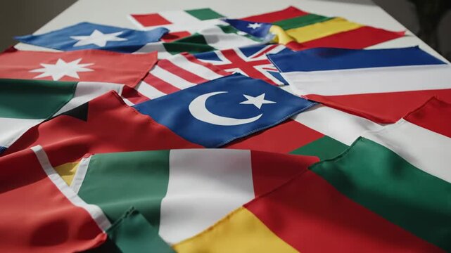 This features a collection of national flags from various countries, including Pakistan, Turkey, and Bulgaria. The flags are arranged on a table and showcase their vibrant colors and unique designs.