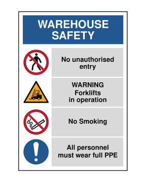Warehouse Safety Sign Vector Blue Header No Unauthorised Entry Forklift Warning No Smoking PPE Required