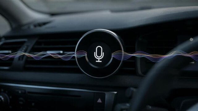 Car dashboard medium shot featuring a closeup of voiceactivated search microphone icon and dynamic waveform display interior elements behind gently defocused.