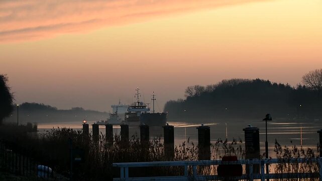 Frachter fahren bei Sonnenaufgang im Nord-Ostsee-Kanal
