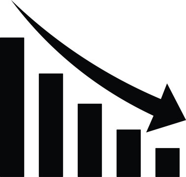 Black downward trending bar graph with arrow on white background decline decrease